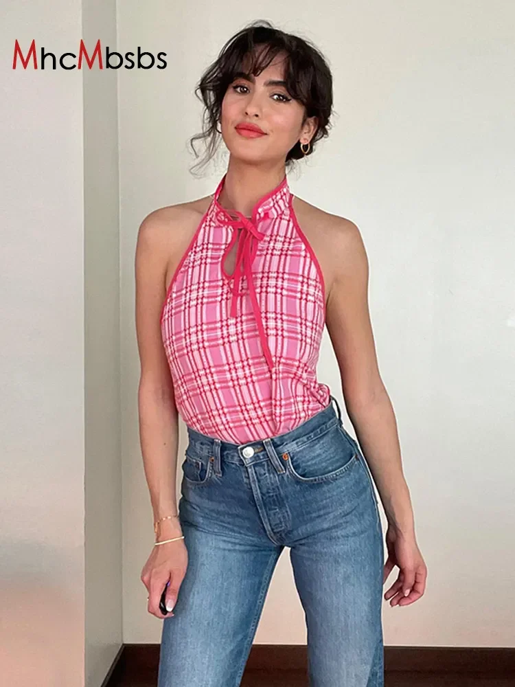 

Halter Plaid Print Sleeveless Crop Tops Women Cut Out Backless Camisole 2022 Summer 90S Lolita Y2K Clothes