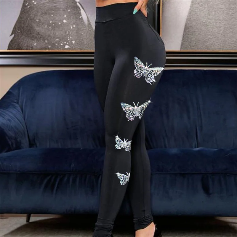 Women Pants Rhinestone Butterfly Pattern High Waist Hip Skinny Pants Personality Fashion Comfortable Breathable Ladies Clothing