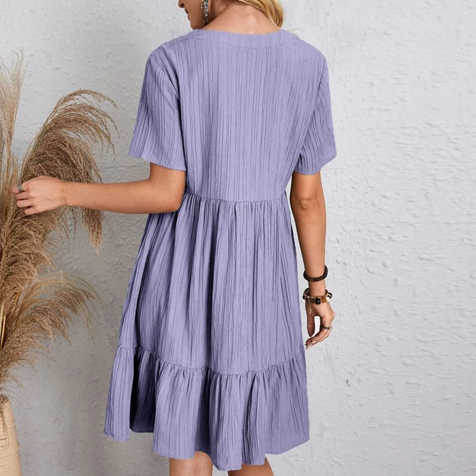 Women Vintage Solid Casual Dress 2023 Summer V Neck Short Sleeve Ruffle Hem Trim Dresses Female Clothing Vestidos Para Mujer 2 Women Vintage Solid Casual Dress 2023 Summer V Neck Short Sleeve Ruffle Hem Trim Dresses Female Clothing Vestidos Para Mujer 2
