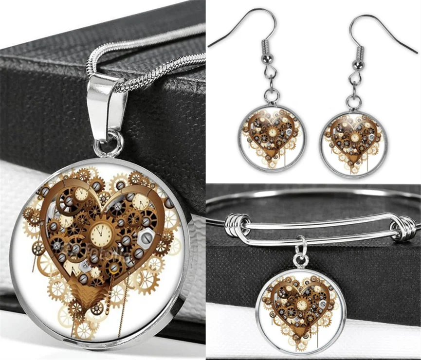 

Steampunk Heart Necklace Earrings Stainless Steel Adjustable Bracelet Bangle Jewelry Sets（Totally 4Pcs) Women's Fashion Jewelry