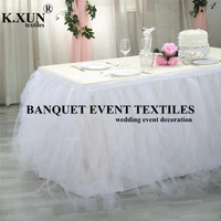 white color ice silk table skirt with two layer tulle pleated drape table cloth skirting for wedding event banquet decoration