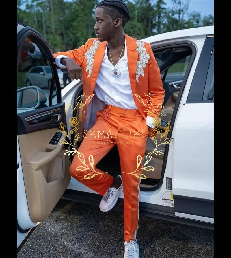 

Роскошный мужской костюм SZMANLIZI с бисером и камнями, оранжевого цвета, 2 предмета, модный тонкий приталенный костюм для вечеринки, выпускного вечера, Свадебный костюм жениха