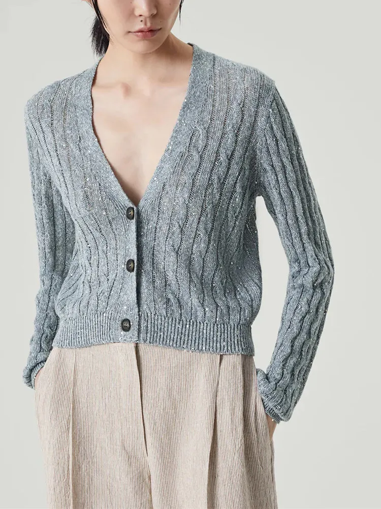

Women Sweater Knitted Beaded Single Breasted Twisted Casual Cardigan