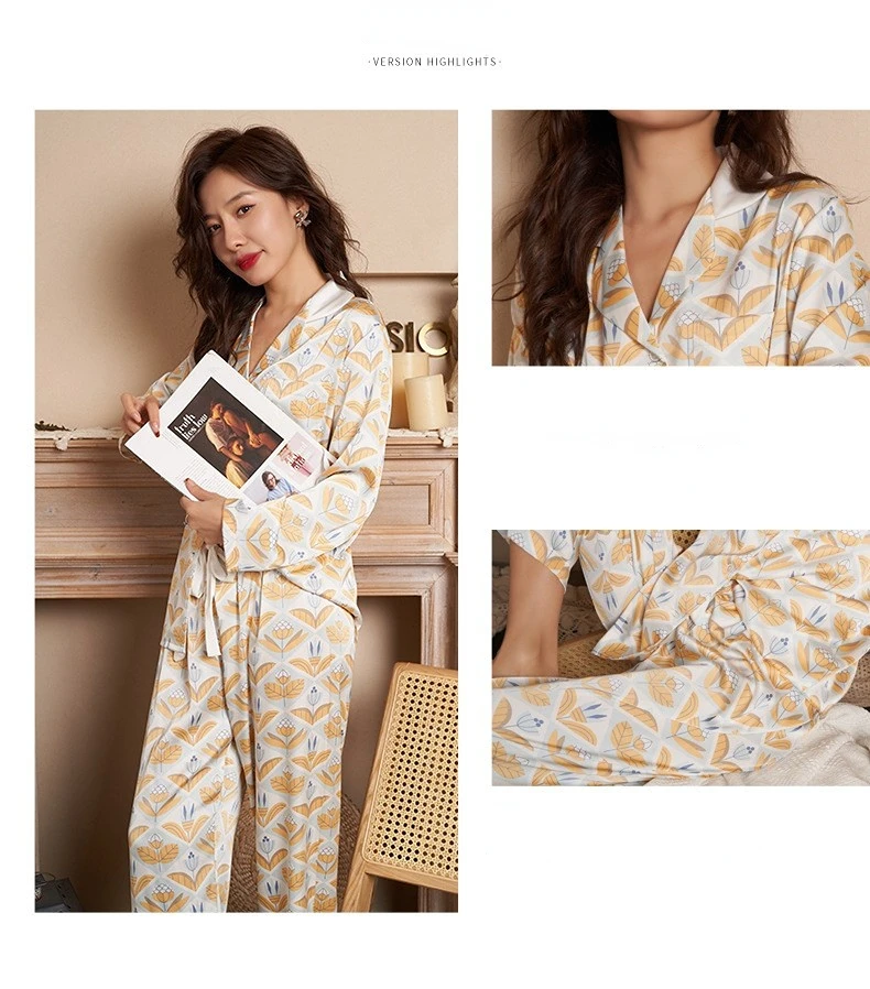 Women's 2 Piece Pajama Set Lapel Kapok Flowers Pijama Ice Silk Pyjama Pocket Sleepwear Long Sleeve Buttoned Shirt Pants Homewear