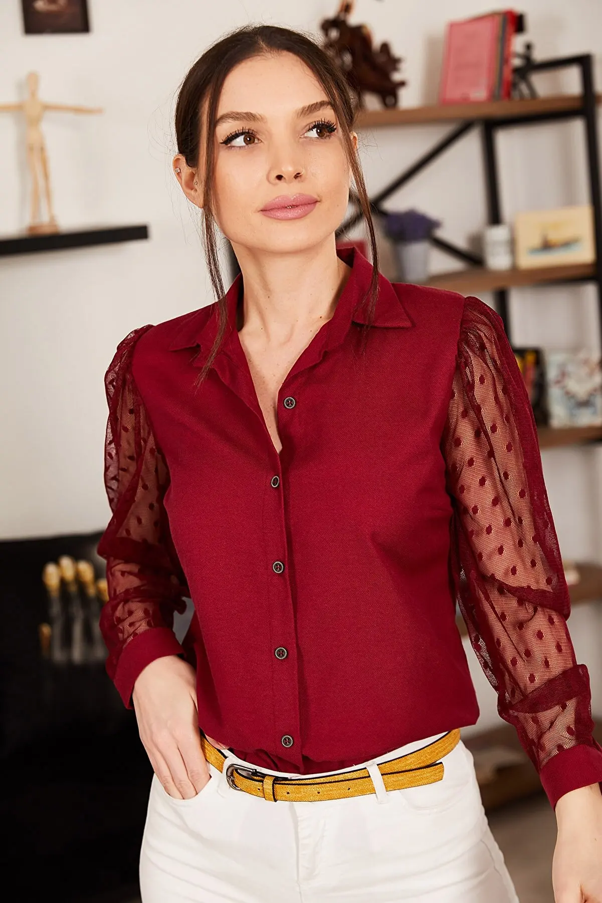 

Female Bordeaux Arm Tulle Shirt 1068 Summer women's Shirts Fashion women's Blouses Pretty and Cheap women's Blouses