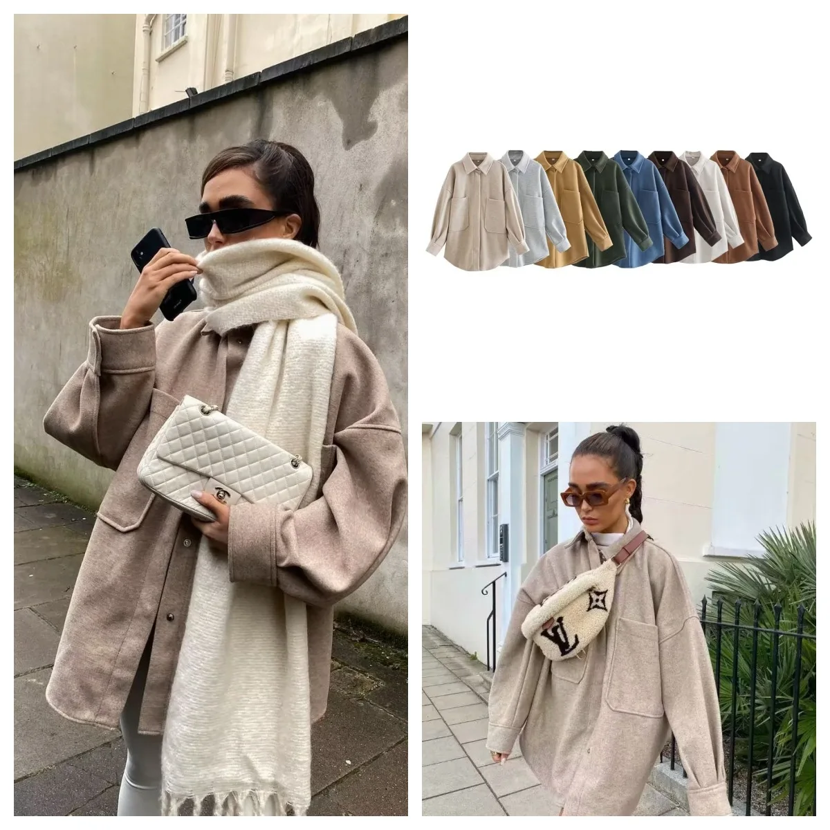 Повседневная женская верблюжья свободная шерстяная рубашка с карманами