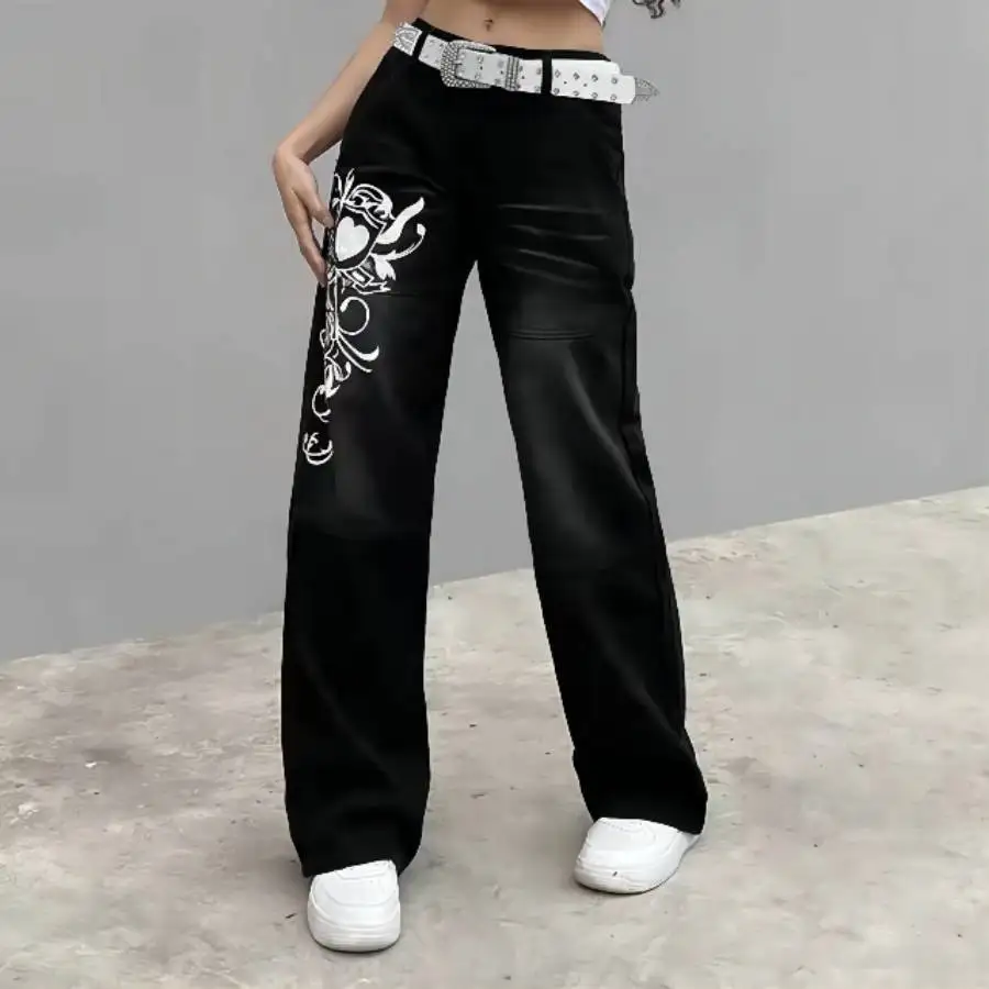 Printed Denim Wide Leg Trousers Ladies Fashion High Waist Loose Washed Print Jeans Women Y2k Casual Streetwear Cowboy Bottoms