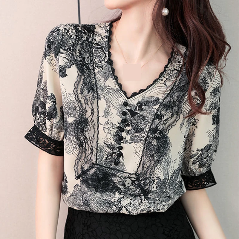 

2022 summer new print sexy lace stitching V-neck bag button short-sleeved chiffon shirt women clothes women