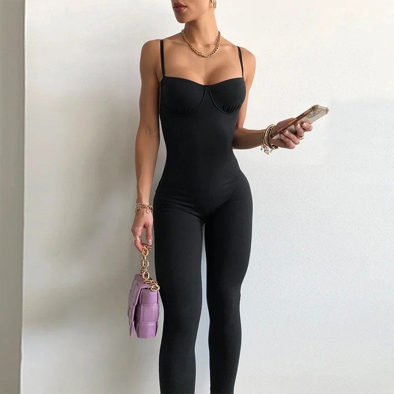 

New women's fashion sports slim cross suspender solid color versatile Jumpsuit
