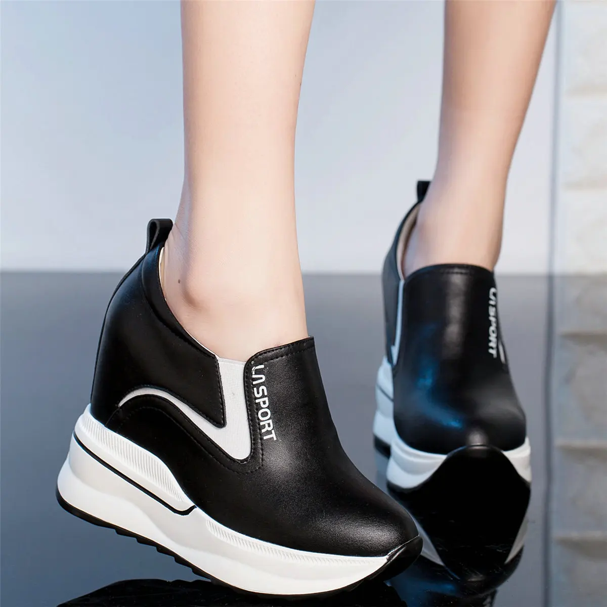 12cm Super High Heels Party Shoes Women Genuine Leather Wedges Platform Pumps Female Round Toe Fashion Sneakers Casual Shoes