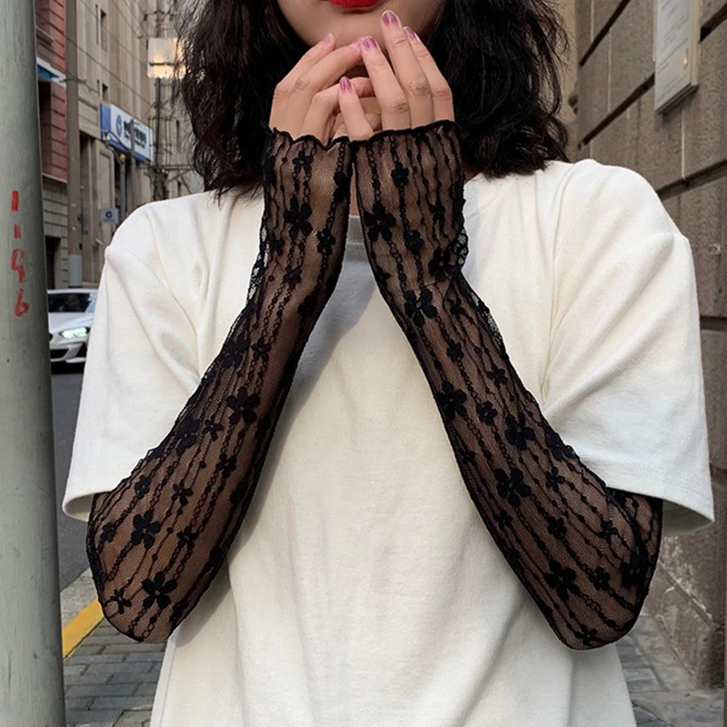 

1 Pair Arm Sleeve Long Lace Hollow-Out Fingerless Gloves Sun Protection Sleeves Mesh Lace Thin Cycling Gloves 48cm Lace Sleeve