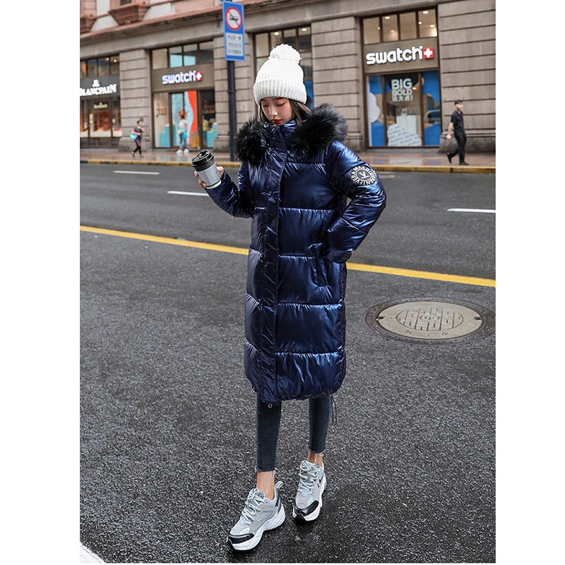 Bright Cotton Padded Coat Women Fur Collar Loose Thicken Warm Jacket Women 2022 Winter Korean Fashion Solid Long Parkas Female