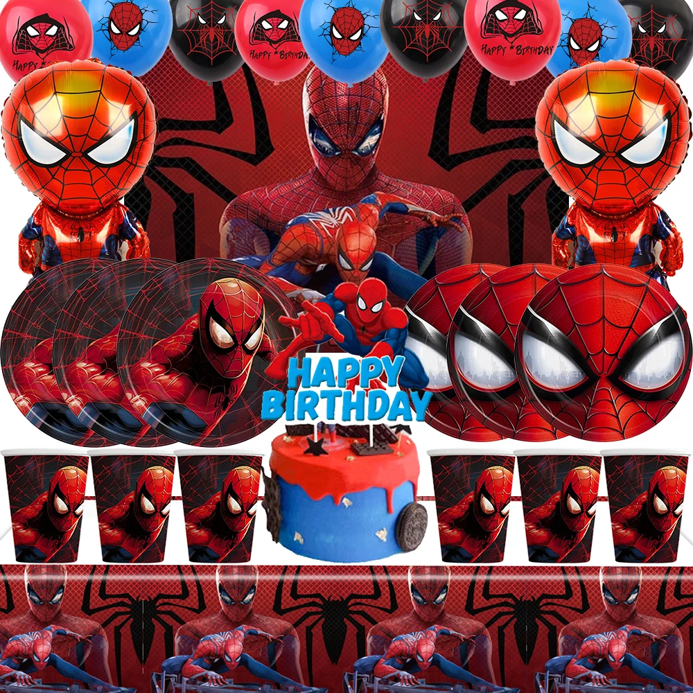 

Spiderman Party Decoration Paper Cup Plate Napkin Balloon Tablecloth Cake Topper for Kids Boys Birthday Party Decor Baby Shower