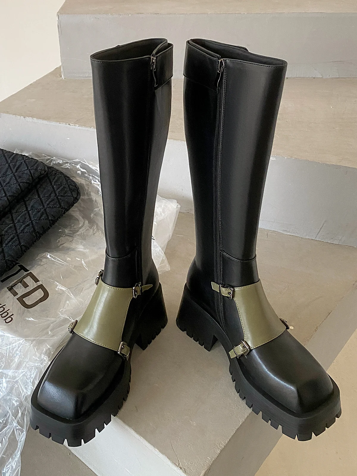 

Thick Soled Square Head Leather High Boots Below The Knee Spring And Autumn Style