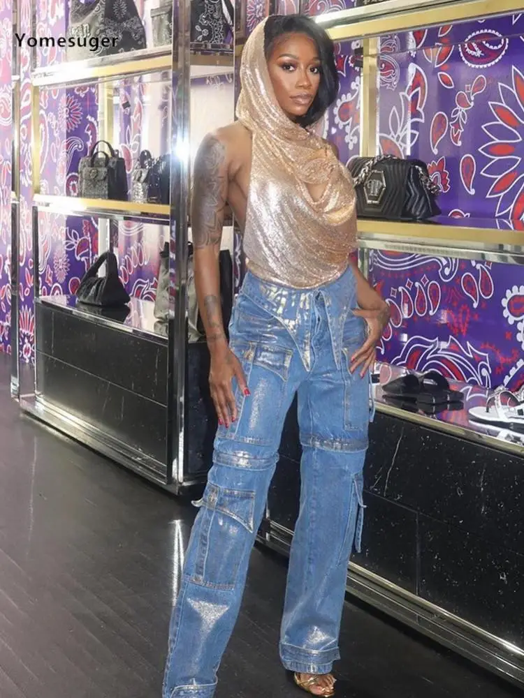 

Yomesuger Gilding Multi-Pocket Cargo Denim Pants Women Hipster Ruched Low Waist Wide Leg Straight Jeans Trousers 2023 Streetwear
