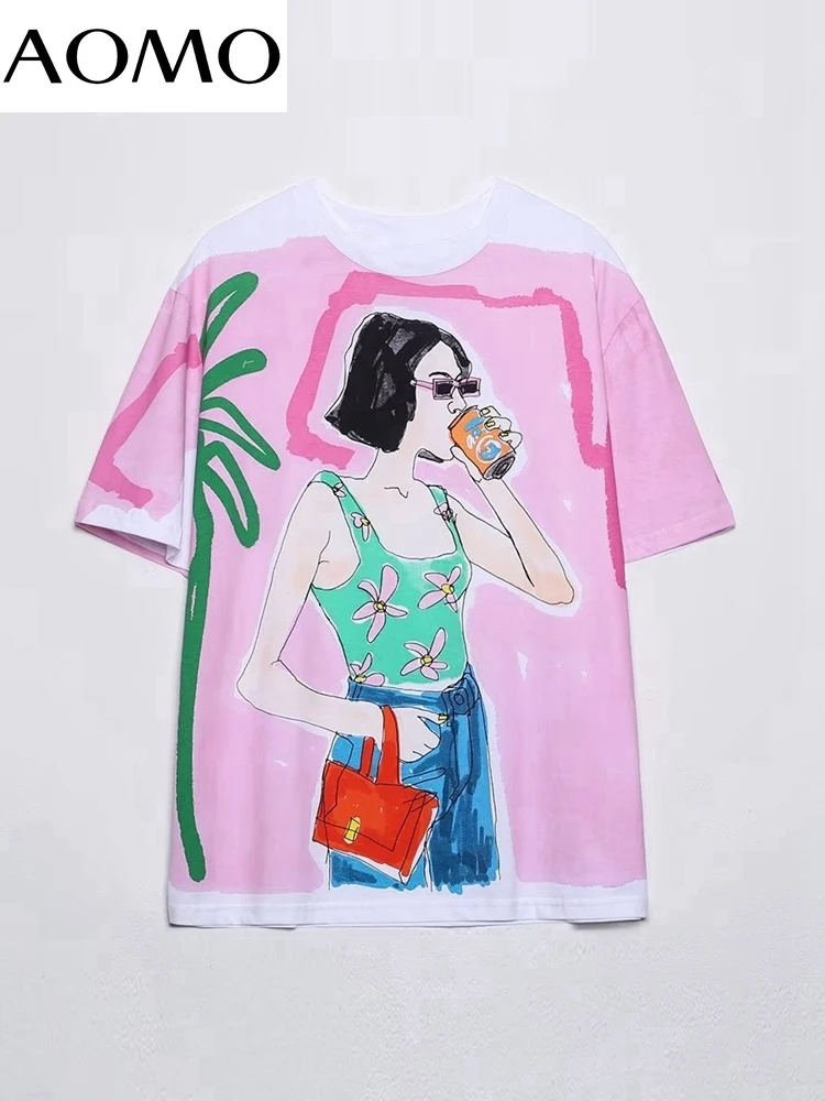 

AOMO 2022 women pink girl print cotton T shirt short sleeve O neck tees ladies casual tee shirt street wear top 6H129A