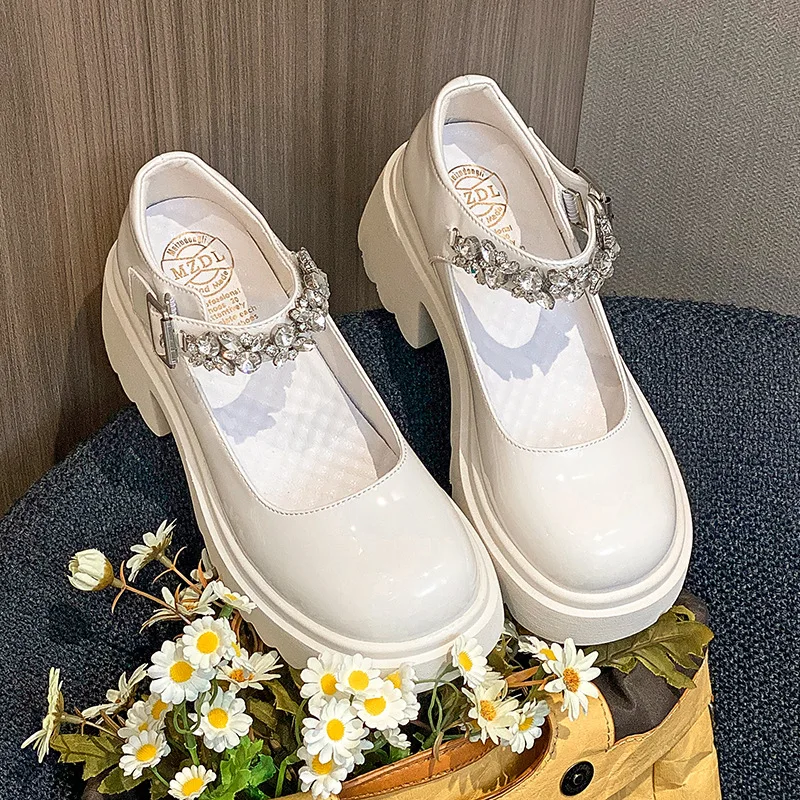 Туфли Мэри Джейн на толстой подошве со стразами винтажные с круглым носком и