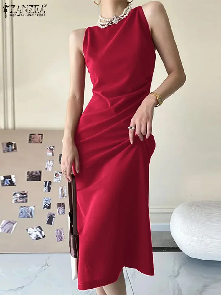 

ZANZEA Summer Draped Tank Dresses Waisted Sleeveless Sundress Elegant Women Midi Vestidos Sexy Casual Party Slimming Long Dress