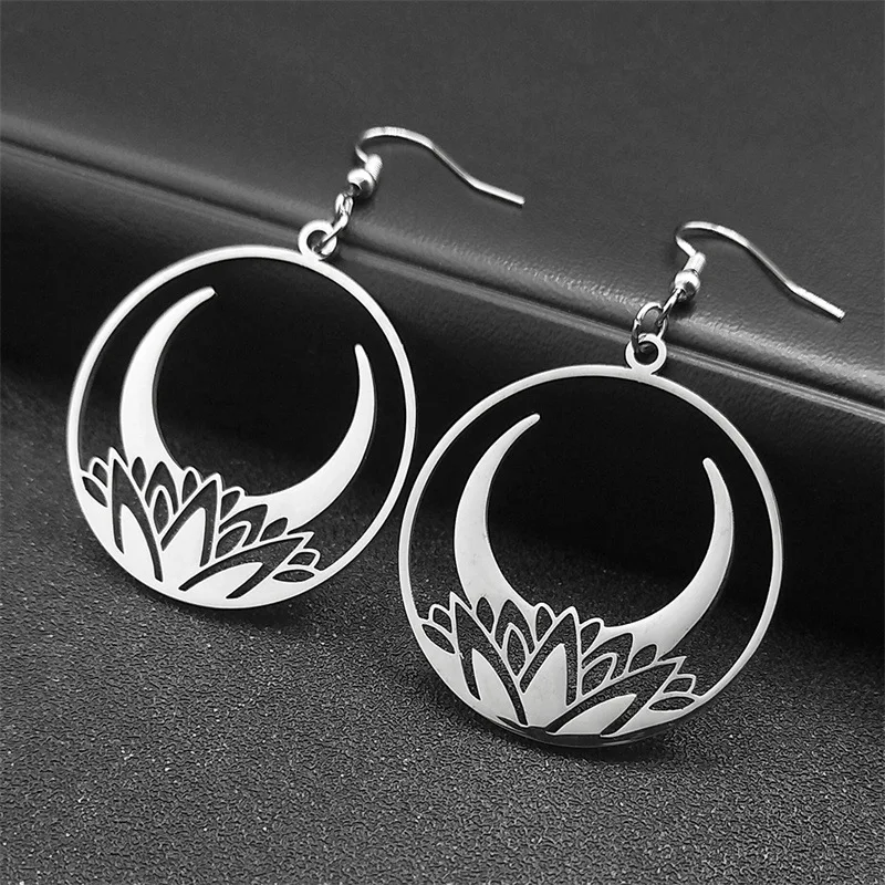 Серьги-подвески в богемном стиле с полой полумесяцем и лотосом из нержавеющей
