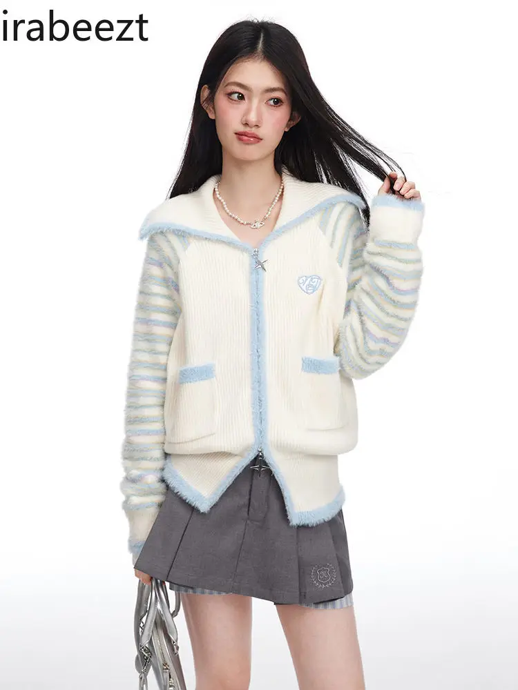 Модный дизайн синие и белые полоски вязаное платье на молнии женское милое