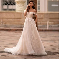 anna beauty wedding dress 2022 simple applique tulle beach party gown bohemia off shoulder pearl sashes vestido de noiva