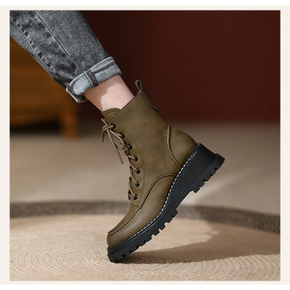 Wedges Ankle Boots for Women Autumn Winter Warm Short Plush Boots Woman Retro Brown Green Non-Slip Platform Botas