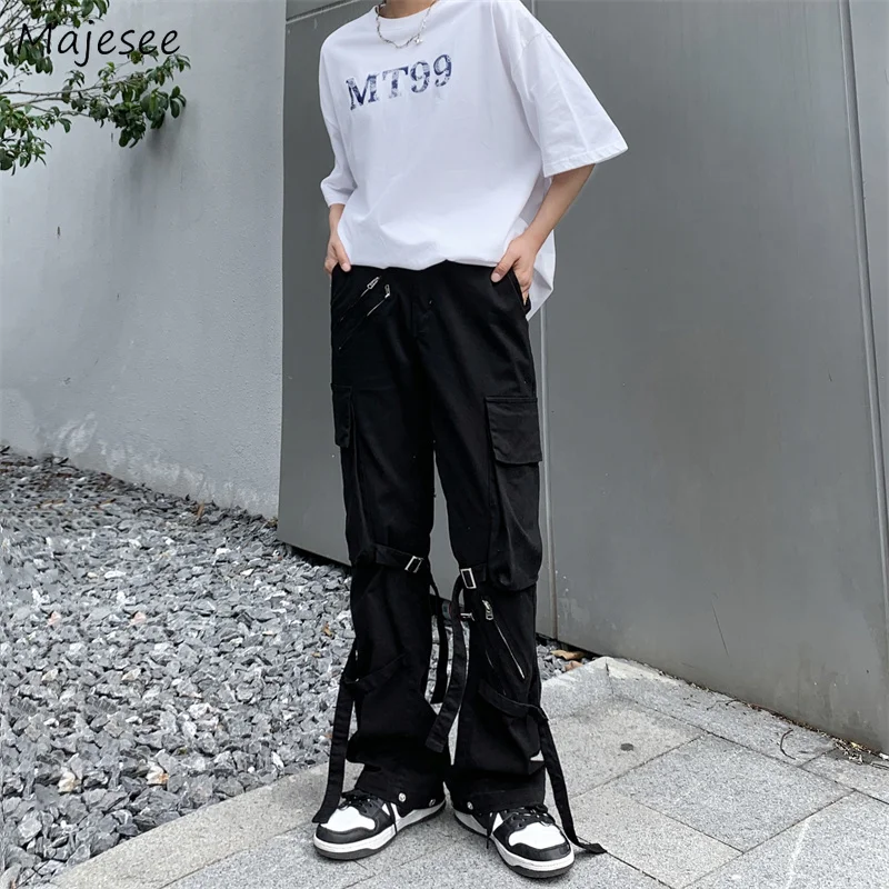 

Pants Men Cargo Trouser Summer High Street Multi-pockets Ulzzang Solid Simple Hosen Fashion All-match Teens Hip Hop Casual Black