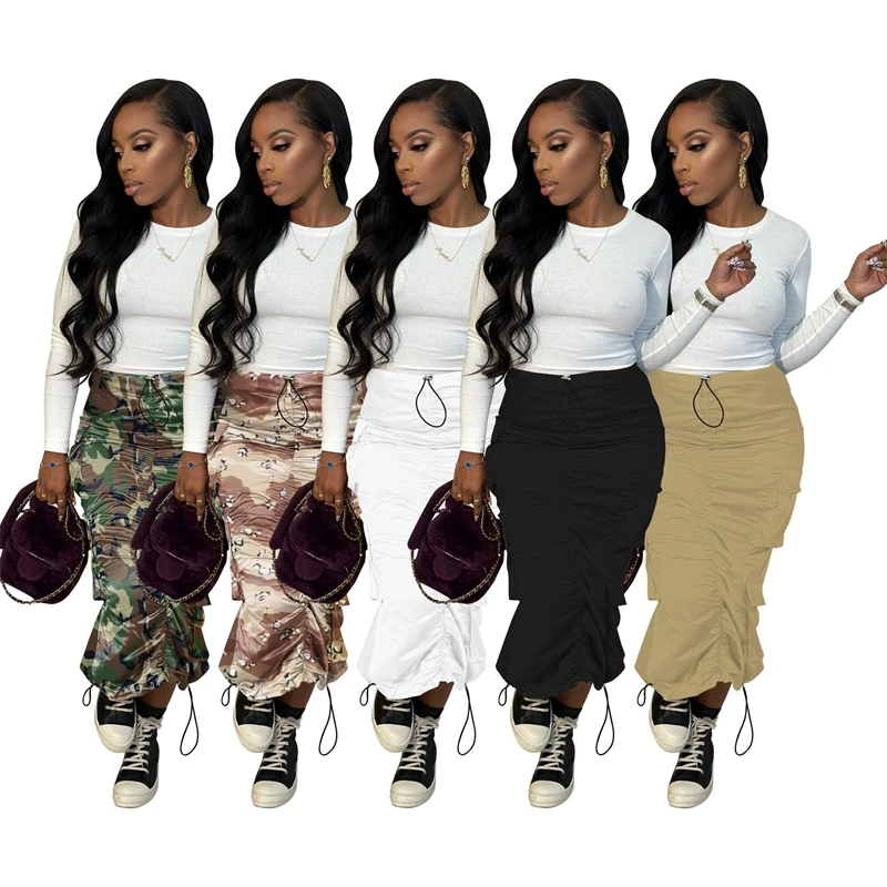 

Однотонная камуфляжная Женская юбка-макси с завышенной талией и разрезом сзади