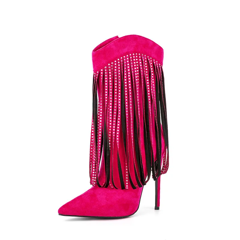 Women's Fashion Tassel Medium Boots Pointed Thin High Heels Sexy Side Zipper Large Women's Short Shoes In Autumn and Winter