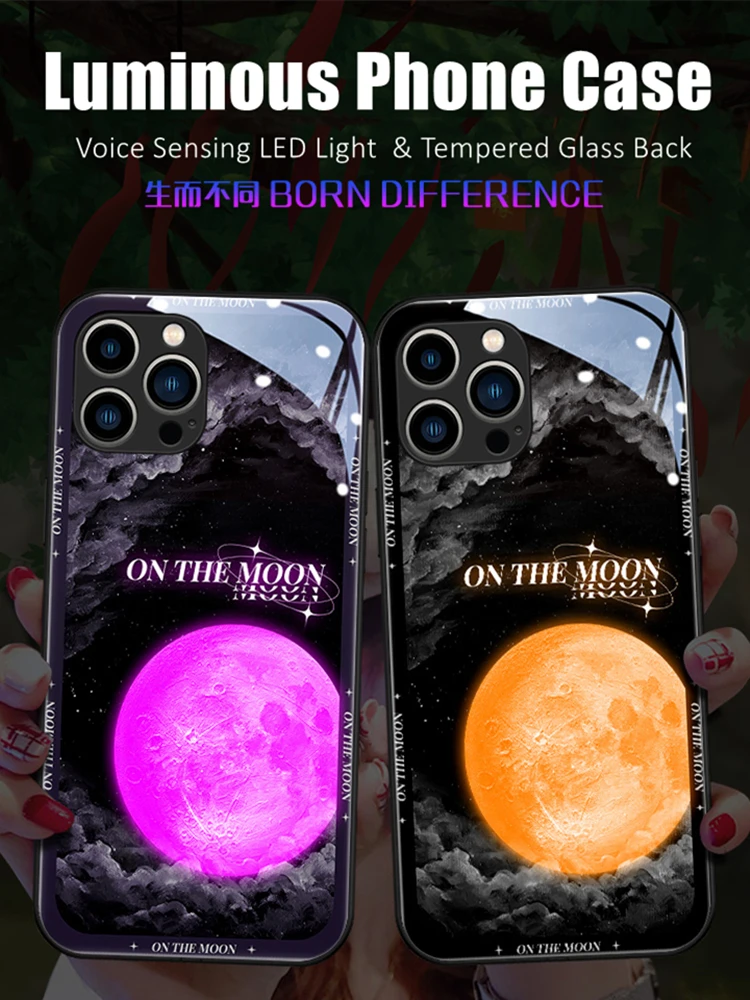 

Moon Colorful LED Light Glowing Luminous Tempered Glass Back Phone Case for iPhone 11 12 13 14 X Xs Xr Mini Pro Max Plus Cover