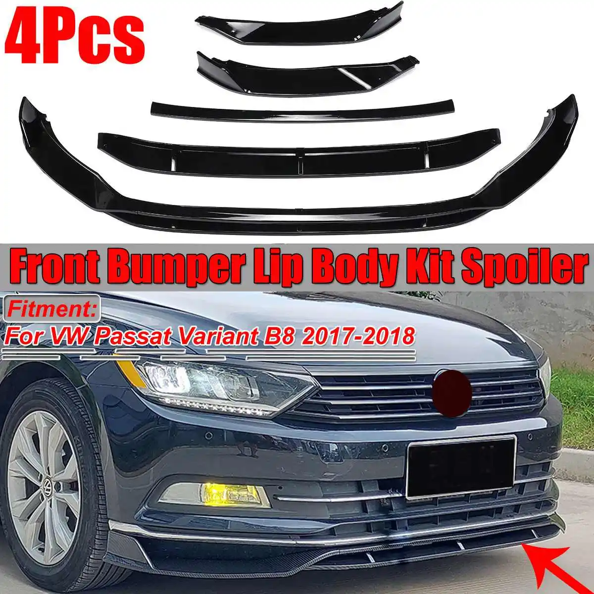 

Glossy/Matte Black 4 Piece Car Front Bumper Splitter Lip Spoiler Diffuser Cover Protection For VW Passat Variant B8 2017-2018