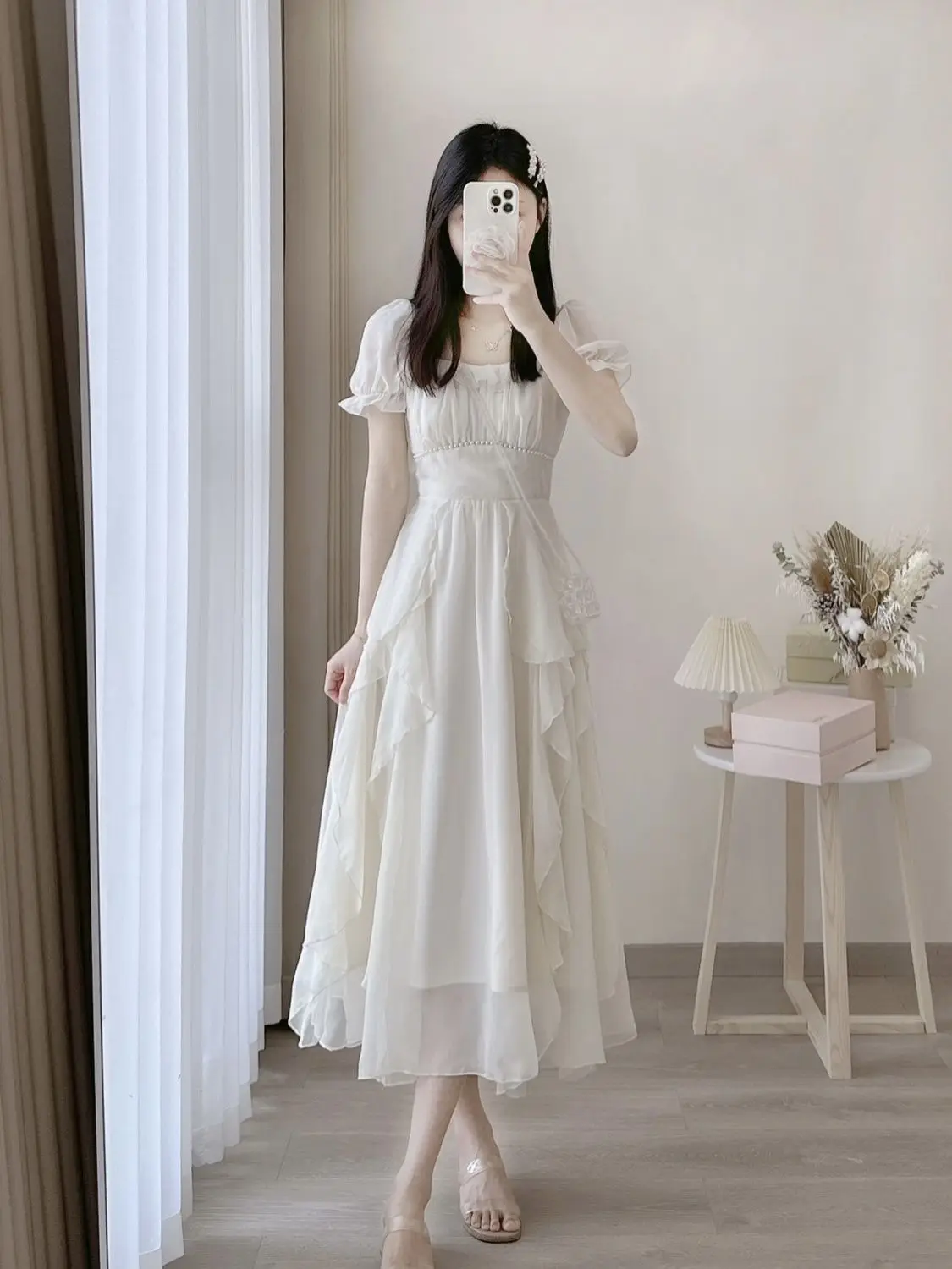 

French square neck new gentle fairy style long dress