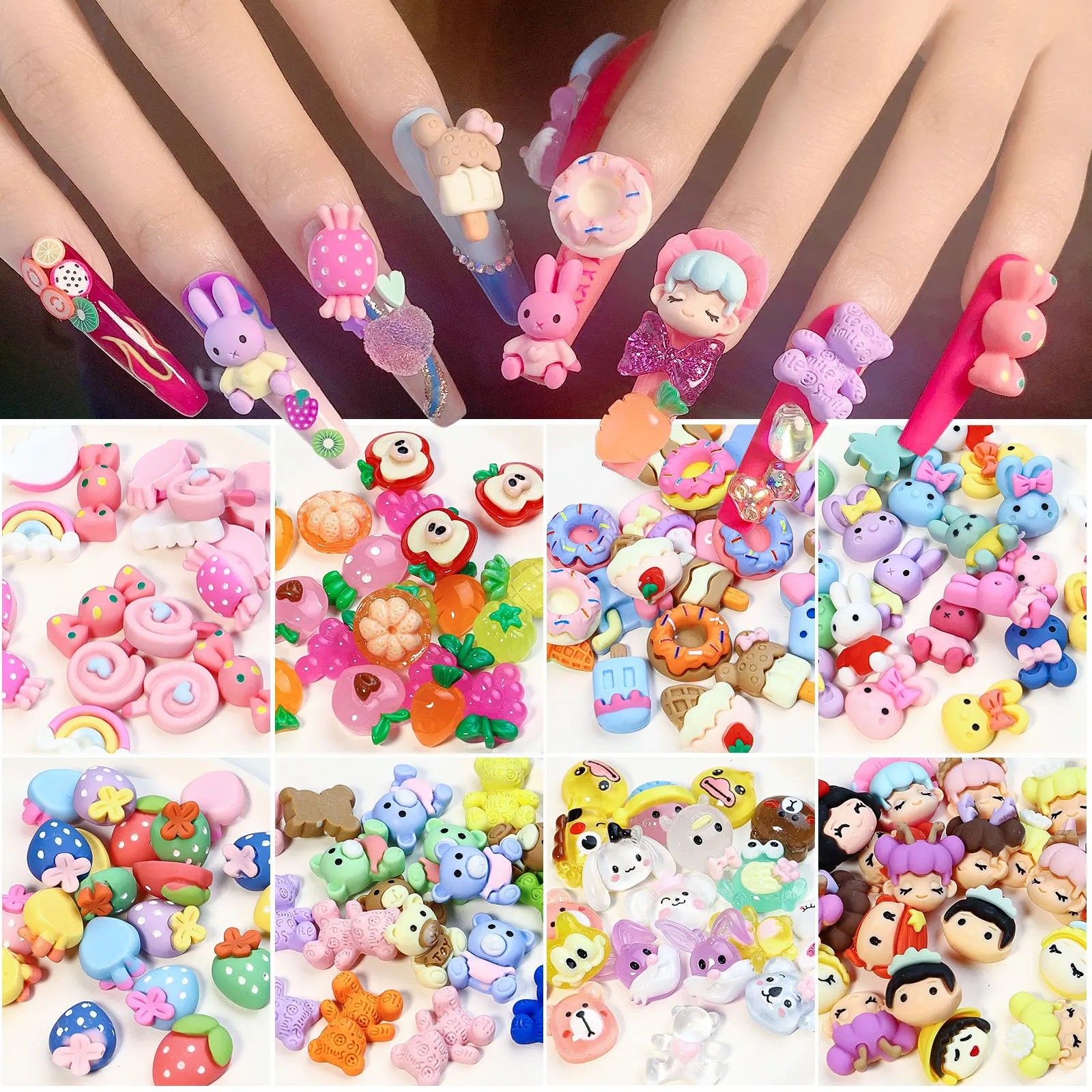 

20Pcs Nail Art Accessories Kawaii Love Heart Fruit Animals Manicure Decoration Resin Lollipop Bear 3D Charm for Nails DIY