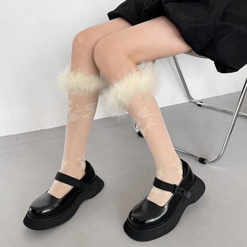 Korean Style Women Nylon Stockings Rose Velvet Designer Socks Harajuku Accessories Mori Girl Summer Thin Fishnet Long Socks 1Pcs