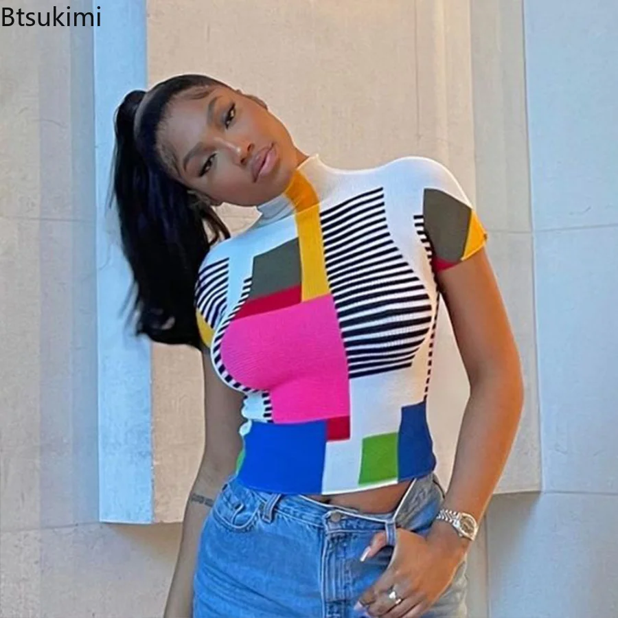 

New 2023 Women Summer Top Ladies Patchwork Printed Half Turtleneck Short Sleeves Shirts Female All-match Clothing for Women