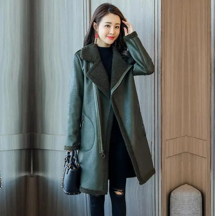 

HOT Women 2023 autumn and winter new Fashion thick long sheep shearing coat women's Slim PU leather jacket Fur outwear S-3XL