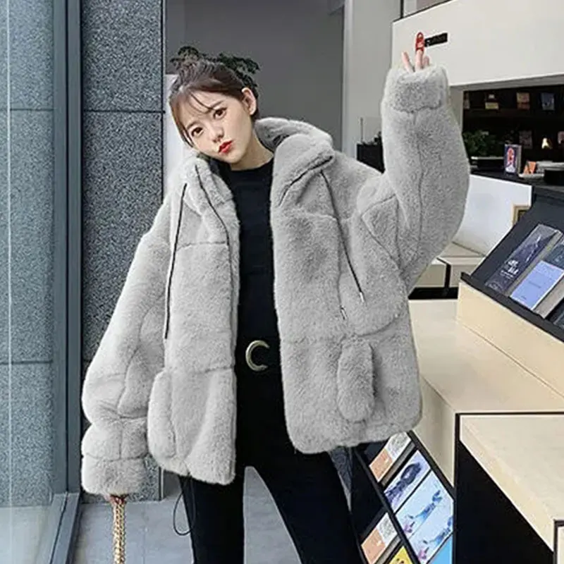 Women's Fur Jacket Famale Loose Faux Rabbit Fur Zip Hooded Thicken 2022 Winter short Fur Coat pocket zipper Thick fur korean