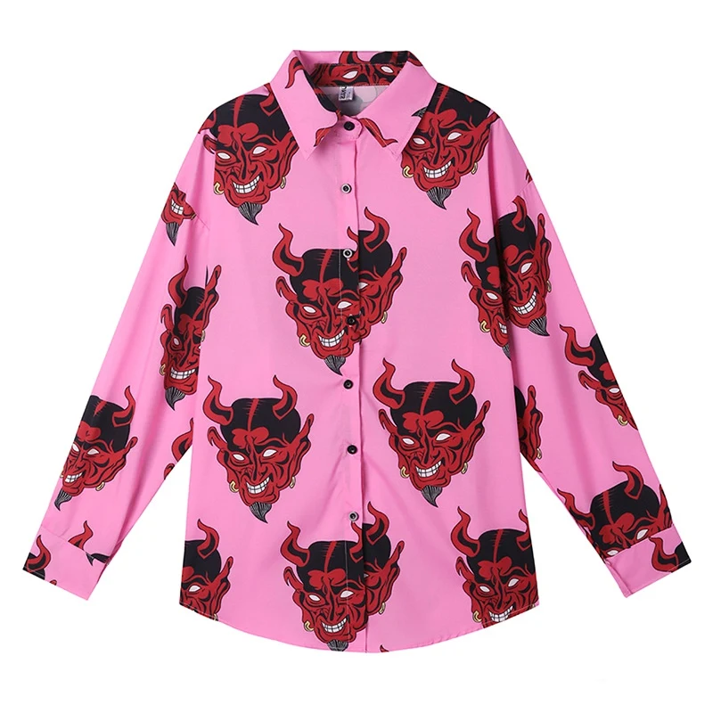 

Women Harajuku Style Loose Mid-Length Thin Lapel Shirt Demon Print Sun Protection Cardigan Chic Shirts