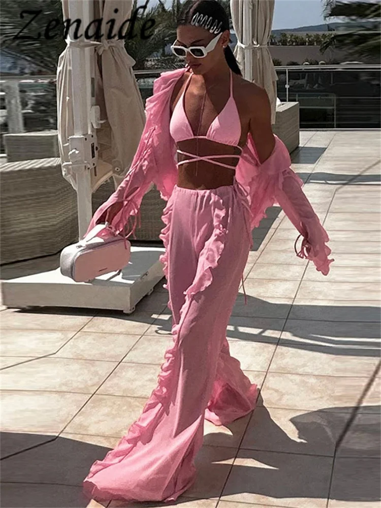 

Zenaide Autumn Pink Ruffles 4 Pieces Set Bikini Suit Mesh Cover Up Wide Leg Pants Matching Sets Co Ords Outfits Beach Streetwear