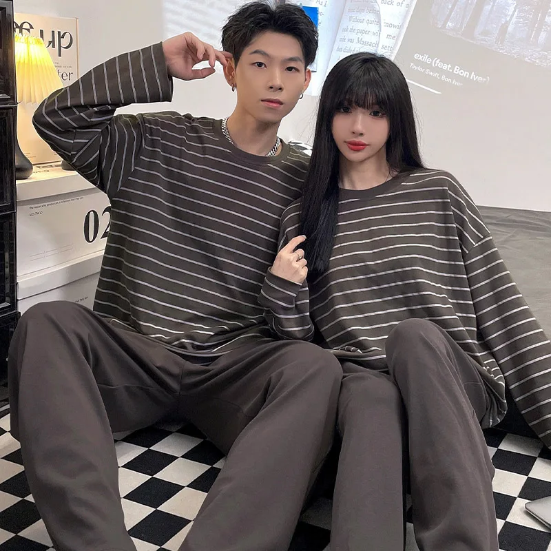 Autumn new knitted cotton imitation women's pajamas striped couple double long simple and comfortable men's homewear suit