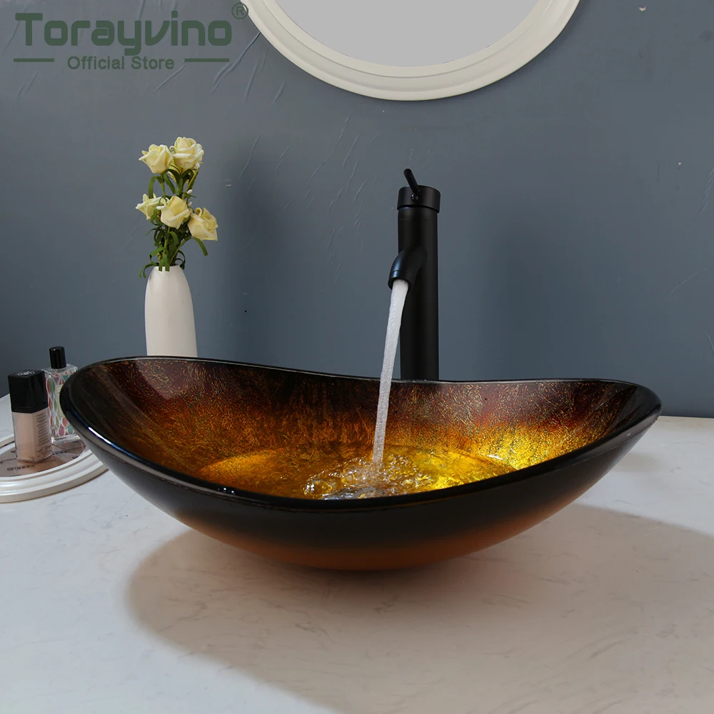 

Torayvino Bathroom Countertop Tempered Glass Basin Sink Faucet Set Brass Waterfall Faucet Washroom Vessel Vanity Bar Ship