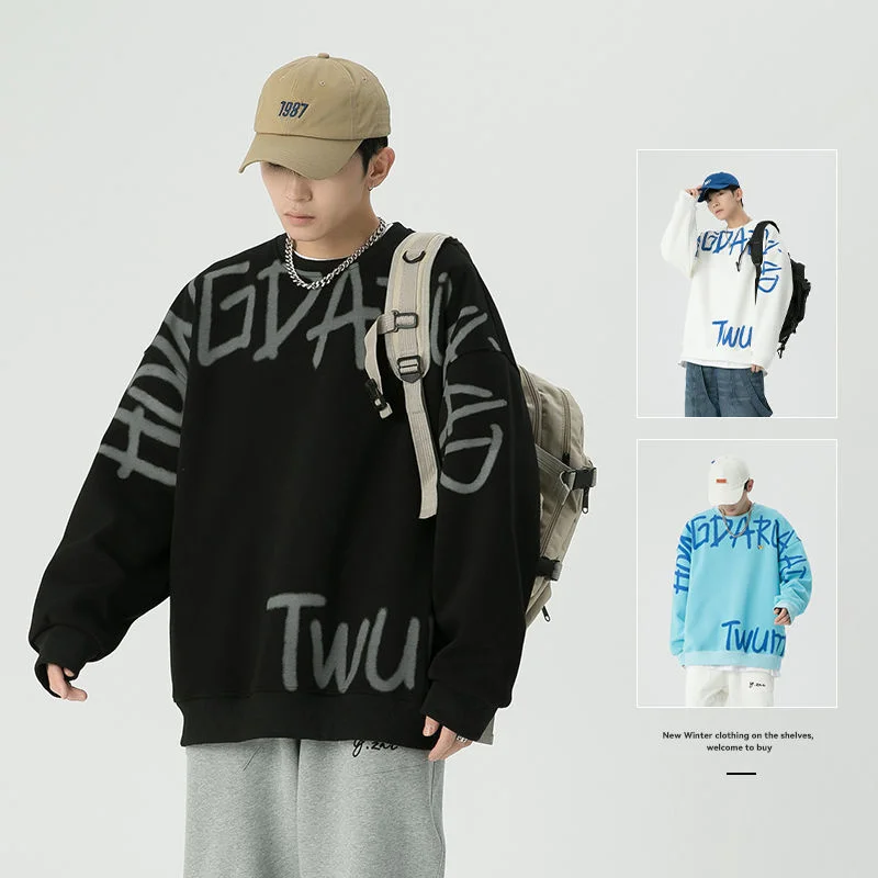 

Mens Hoodie Printed Round Neck Sweater Long Sleeve Loose Streetwear Sport Tidal Current College Spring And Autumn New Hot Sale