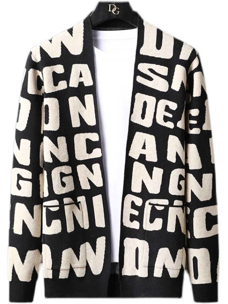 

Men's Spring and Autumn New Loose Printing English Letters Long-sleeved Cardigan Sweater O-neck 3 Colors Optional Cardigan
