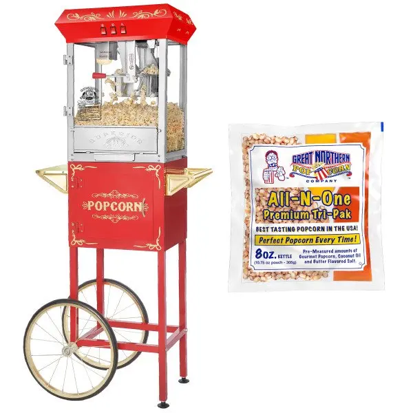 

Popcorn Machine and Cart – 3 Gallon Popcorn Popper, 8oz Kettle, Warmer Tray and 5 Popcorn Packs by Popcorn Company (Red)
