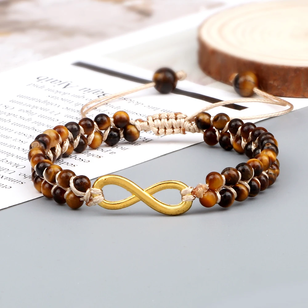 Очаровательные плетеные браслеты 4 мм с натуральным тигровым глазом двухрядные