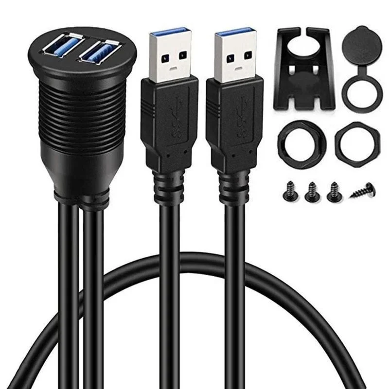 Фото 2 порта, двойной USB-удлинитель для панели «папа-мама», удлинительный кабель для скрытого монтажа, автомобиля, лодки, мотоцикла, приборная панель, водонепроницаемый шнур для передачи данных 2,0/3,0, 1 м №4