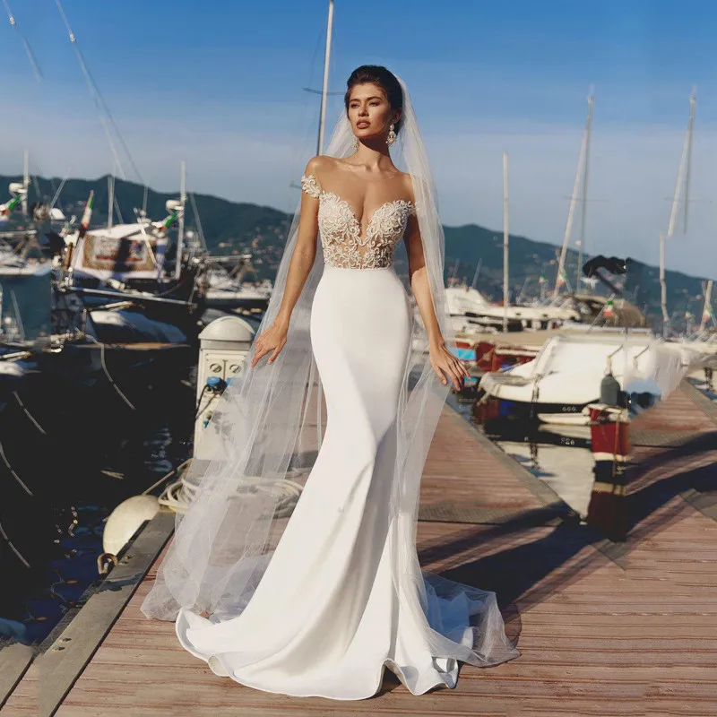 

Elegant Lace Appliques Mermaid Wedding Dress Cap Sleeve O-Neck Bridal Gowns Illusion Back Satin Court Train Civil Robe De Mariée