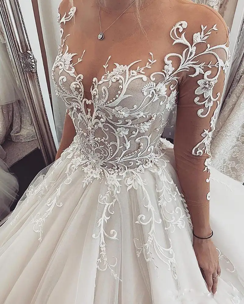 

Illusion O-Neck Long Sleeve Wedding Gown Cathedral Train Ball Gown Beading Lace Custom Made Wedding Dress