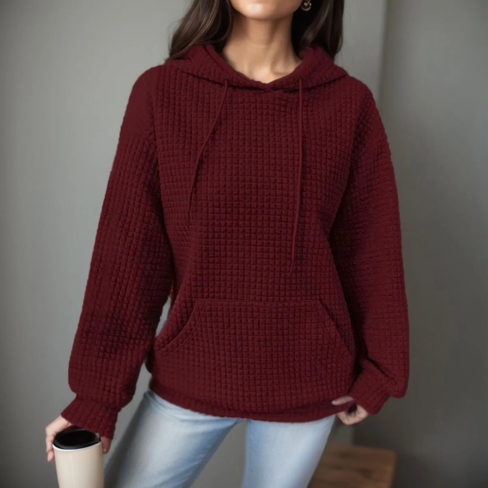 

Cozy Waffle Sweatshirt For Ladies Womens Basic Solid Color Hoodie Casual Loose Long Sleeve Hooded Pullover With Pocket Autumn