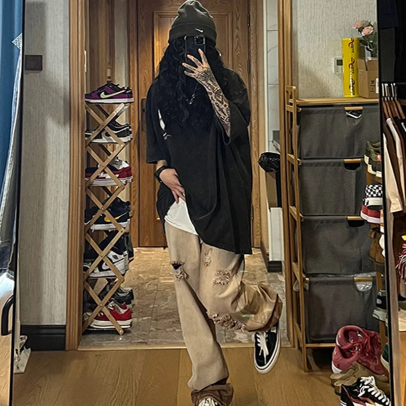 Spring Autumn High Street Vintage Ripped Jeans Ins Fashion Loose Straight Leg Trousers Casual All-match Men Clothing